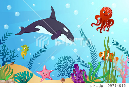 Sea life animals with ocean scene . Cartoon style . Vector . 99714016