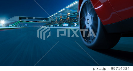 3d Low angle side view of car driving fast at modern international race track 3d Low angle side view of car driving fast at modern international race track 99714384