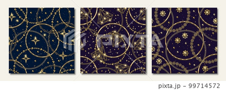 Set of jewelry patterns with golden circles, chains, stars, small glittering particles. Luxury background for branding, gift decoration, textile, surface design. Set of jewelry patterns with golden circles, chains, stars, small glittering particles. Luxury background for branding, gift decoration, textile, surface design. 99714572