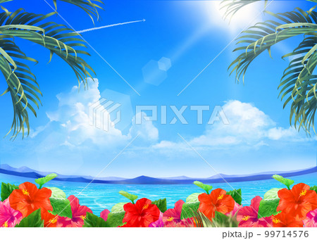 太陽の光差し込む青い空の下、美しい海沿いにハイビスカスの咲く夏のおしゃれフレーム背景素材 99714576