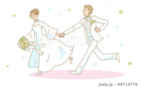 手をつないで走り出す結婚式の新郎新婦 99714779