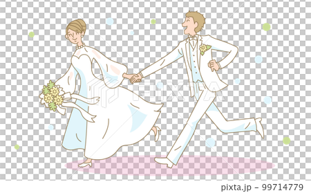 手をつないで走り出す結婚式の新郎新婦 99714779