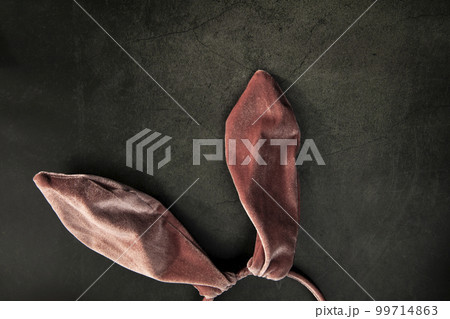 White fluffy bunny rabbit pink ears isolated on concrete black background. Creative easter concept. Minimal concept top view, Happy Easter concept White fluffy bunny rabbit pink ears isolated on concrete black background. Creative easter concept. Minimal concept top view, Happy Easter concept 99714863