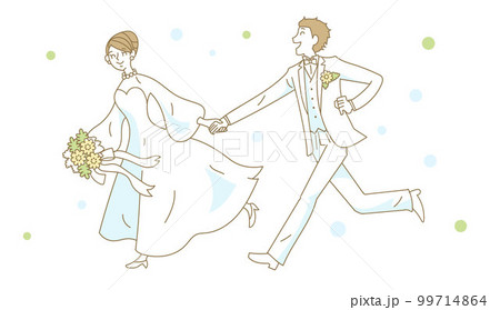 手をつないで走り出す結婚式の新郎新婦 99714864