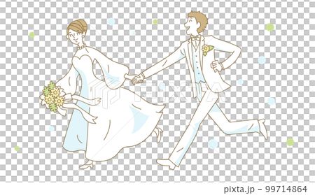 手をつないで走り出す結婚式の新郎新婦 99714864
