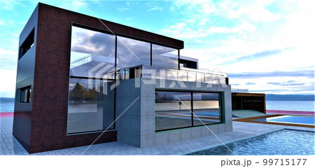 Stunning design of the contemporary house constructed on the island not far from Oslo. The swimming pool with warm water and much space for fishing. 3d rendering. 99715177