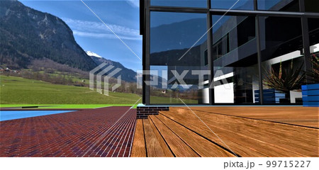 Wooden steps of the porch. Amazing glass facade in front of the picturesque mountains landscape. Red brick tile pavement. 3d rendering. Wooden steps of the porch. Amazing glass facade in front of the picturesque mountains landscape. Red brick tile pavement. 3d rendering. 99715227