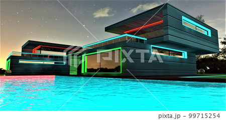 Night illumination of the stunning villa with turquoise pool. Profitable investment for suburban real estate resellers. 3d rendering. 99715254