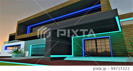 Blue turquoise combination of the night glowing decoration of the contemporary country cottage. View of the porch, garage and wooden balcony above. 3d rendering. 99715322