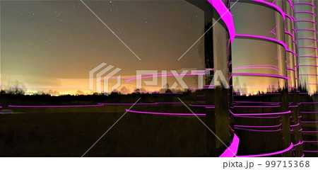 Glass rounded facade of the modern office skyscraper reflecting the glowing buildings of the night city. 3d rendering. 99715368