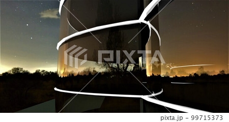 Reflection of the amazing distant town night lights in the illuminated round glass facade of the contemporary apartment building. 3d rendering. 99715373