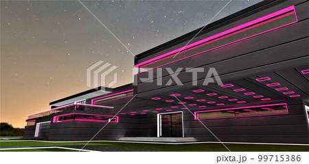 Entrance to a night club. Purple facade elements illumination. Glowing white steps of the porch. 3d rendering. 99715386