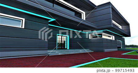 Turquoise and white glowing facade elements as a decor of the contemporary mansion. View of the stylish entrance. Long stone steps of the porch. 3d rendering. Turquoise and white glowing facade elements as a decor of the contemporary mansion. View of the stylish entrance. Long stone steps of the porch. 3d rendering. 99715493