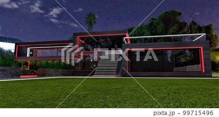 Amazing tropical villa with illuminated exterior at night. Glowing white steps of the staircase. Freshly cut lawn in front of the panoramic windows. 3d rendering. 99715496