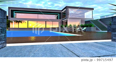 Awesome sunset reflected in mirrored windows of the upscale private country dwelling with pool. Suitable illustration for young designers of contemporary real estate exteriors. 3d rendering. 99715497