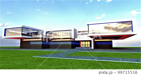 Design of the modern upscale estate managed by a young team of brave architects constructed several complicated houses. 3d rendering. 99715516