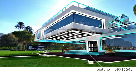 Exclusive design of the contemporary mansion for rich people. The real estate located on the private tropical island. Stunning day exterior illumination. 3d rendering. 99715546