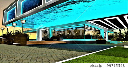 Huge illuminated swimming pool with glass bottom above the relax zone of the exclusive upscale mansion at night. White glowing border. 3d rendering. 99715548