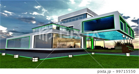 Low street lights along the border of the pavement on the territory of upscale private mansion with the open air transparent pool as a cantilevered structure. 3d rendering. 99715550
