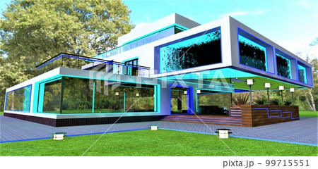 Luxury high tech suburban building with the glass bottom pool inside. The water is visible through the large illuminated windows. Stylish cozy patio under the console floor. 3d rendering. 99715551