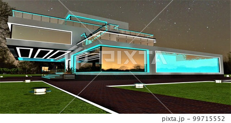 Night view of the advanced upscale home with swimming pool inside. Translucent water visible behind the glass. Illuminated facade and territory. 3d rendering. 99715552