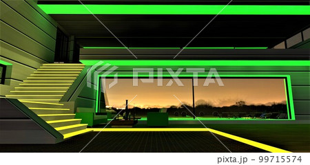 Abstract relax zone illuminated in green and yellow. Staircase with glowing steps up to the dark balcony. Reflection of the village night lights in large window. 3d rendering. 99715574
