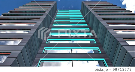 Bottom view of the newly constructed apartment building with aluminum facade against the cloudy sky. Illuminated window frames. 3d rendering. Bottom view of the newly constructed apartment building with aluminum facade against the cloudy sky. Illuminated window frames. 3d rendering. 99715575