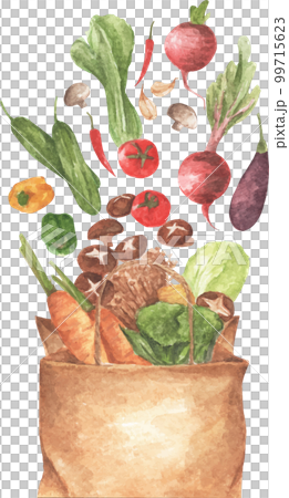 Full paper bag of different vegetables. Watercolor illustration. 99715623