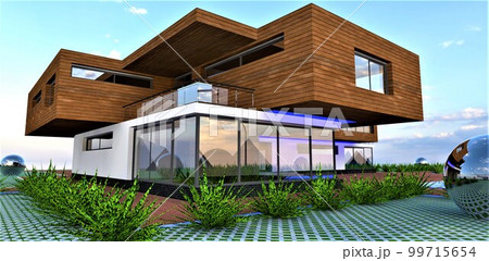 3d model of the modern suburban dwelling for people with middle income. Facade board as a finishing material looks nice with white plaster. Lawn pavement with plants. 3d rendering. 99715654