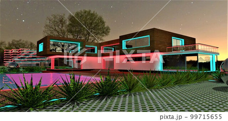 Amazing red light in the yard of the private suburban house at night. Glowing surface of the swimming pool in front of the entrance. 3d rendering. Amazing red light in the yard of the private suburban house at night. Glowing surface of the swimming pool in front of the entrance. 3d rendering. 99715655