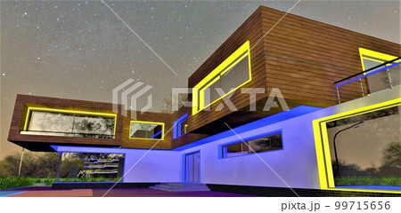 Blue yellow night illumination of the country house wooden facade against the starry sky. 3d rendering. 99715656