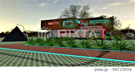 Investment in the contemporary suburban real estate decorated with night LED illumination. Mix of turquoise and scarlet catches eye of the potential client. 3d rendering. 99715659