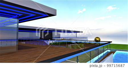 Blue LED day illumination of the glass fence and facade of the modern elite house in the village. View of the wooden terrace. 3d rendering. Blue LED day illumination of the glass fence and facade of the modern elite house in the village. View of the wooden terrace. 3d rendering. 99715687