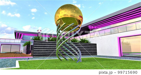 Golden sphere on the steel stand on the lawn in the yard of the eco-friendly estate with day exterior illumination. Suitable combination of purple and white under the blue sky. 3d rendering. Golden sphere on the steel stand on the lawn in the yard of the eco-friendly estate with day exterior illumination. Suitable combination of purple and white under the blue sky. 3d rendering. 99715690
