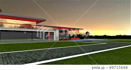 Walkways paved with gray granite stone looks good with white glowing border on the well-groomed lawn on the territory of the upscale estate illuminated in red. 3d rendering. 99715698