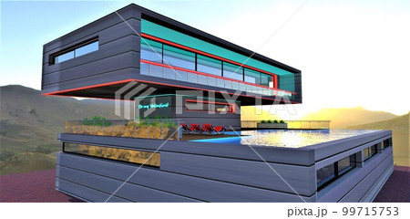 Futuristic villa with rooftop pool constructed in the mountains. Stylish day illumination. Stunning sunset . 3d rendering. 99715753