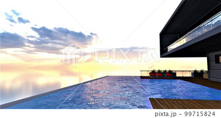 Rooftop pool on the skyscraper. Several red sun loungers on the decking. Nothing is visible below because of the clouds before sunset. 3d rendering. 99715824