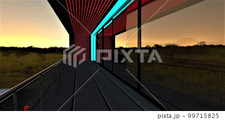 Trendy design of the contemporary balcony with exclusive illumination at night. Reflection of the awesome sunset in large glass door. 3d rendering. 99715825