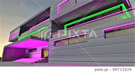 Upscale home at night. Fully aluminium facade with purple illumination. Long narrow windows. 3d rendering. Upscale home at night. Fully aluminium facade with purple illumination. Long narrow windows. 3d rendering. 99715826