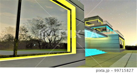 Yellow and turquoise as a colors of the upscale villa night decor . Looks good with aluminium exterior. Reliable concrete slaps on the ground in front of entrance. 3d rendering. 99715827