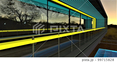 Yellow glowing rail of the glass panel fence of the stylish illuminated balcony at night constructed according to exclusive art design. 3d rendering. 99715828