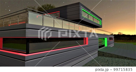 Corner window with red illumination on the facade finished with horizontal metal panels of the house at night. Glowing green garage gate. Glass fence with steel railing above. 3d rendering. 99715835