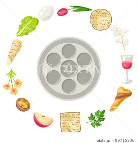 Happy Pesach Jewish Passover plate decorative frame. Holiday background with traditional symbols. 99715836