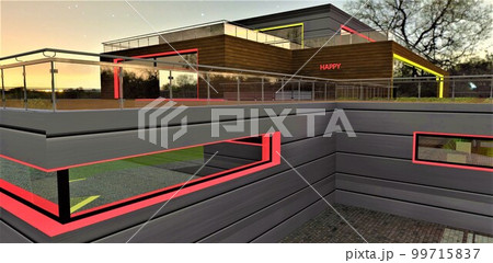 Design of the night illumination of the eco-friendly suburban house constructed in the village with clear air. Reliable aluminium facade. 3d rendering. 99715837