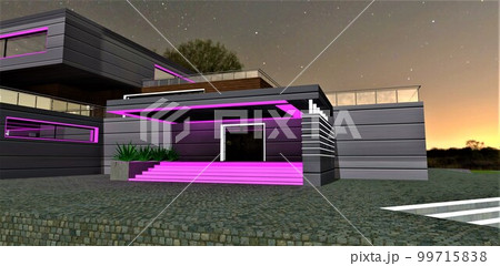 Design of the stylish porch illumination at night time. High blind area paved with natural granite stone. 3d rendering. 99715838