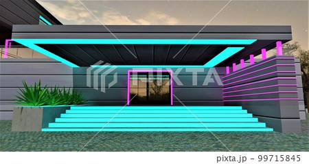 Turquoise glowing staircase of the stylish porch. Entry door with glass inserts. 3d rendering. 99715845