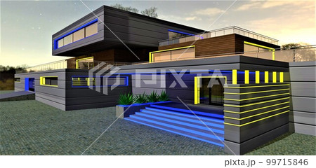 Yellow blue illumination of the newly built upscale suburban house. Glowing steps of the stylish porch. Mysterious starry night. 3d rendering. 99715846