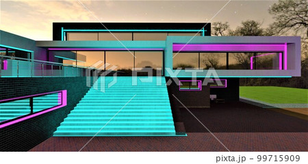Turquoise illuminated stairs at night. Reflection of the starry sky in large panoramic windows of the upscale exclusively designed house. 3d rendering. Turquoise illuminated stairs at night. Reflection of the starry sky in large panoramic windows of the upscale exclusively designed house. 3d rendering. 99715909