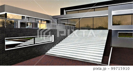 Amazing concrete staircase with white glowing steps. Contemporary upscale architecture at night. 3d rendering. 99715910