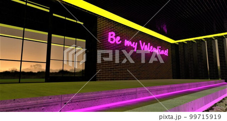 Text Be My Valentine illuminated in pink on the brick wall at the entrance to the house. Suitable illustration for February, 14. 3d rendering. Text Be My Valentine illuminated in pink on the brick wall at the entrance to the house. Suitable illustration for February, 14. 3d rendering. 99715919